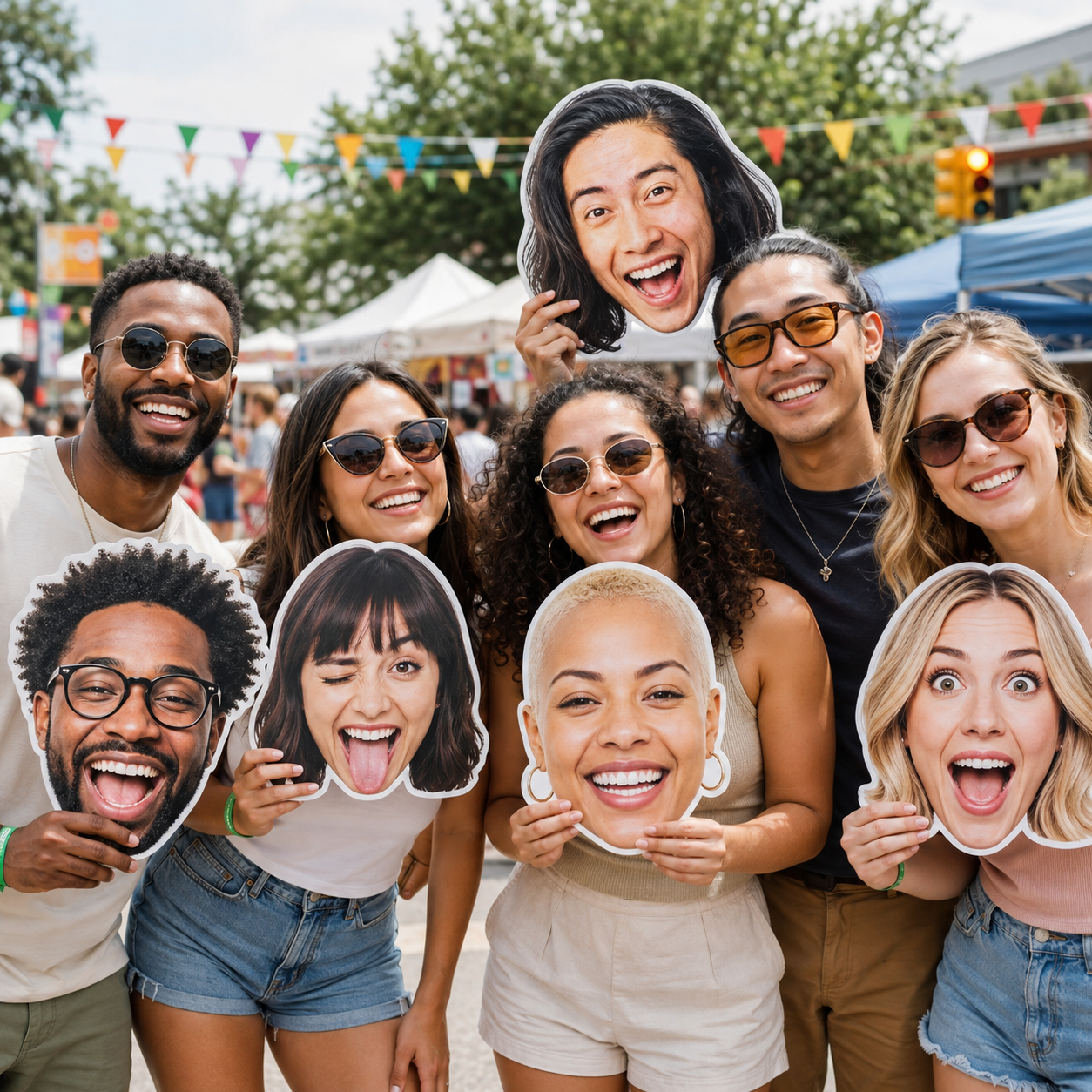 Fans holding custom big head cutouts at a stadium