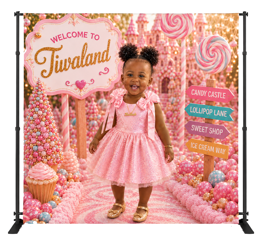 Custom candy-themed birthday backdrop with a child in a pink dress